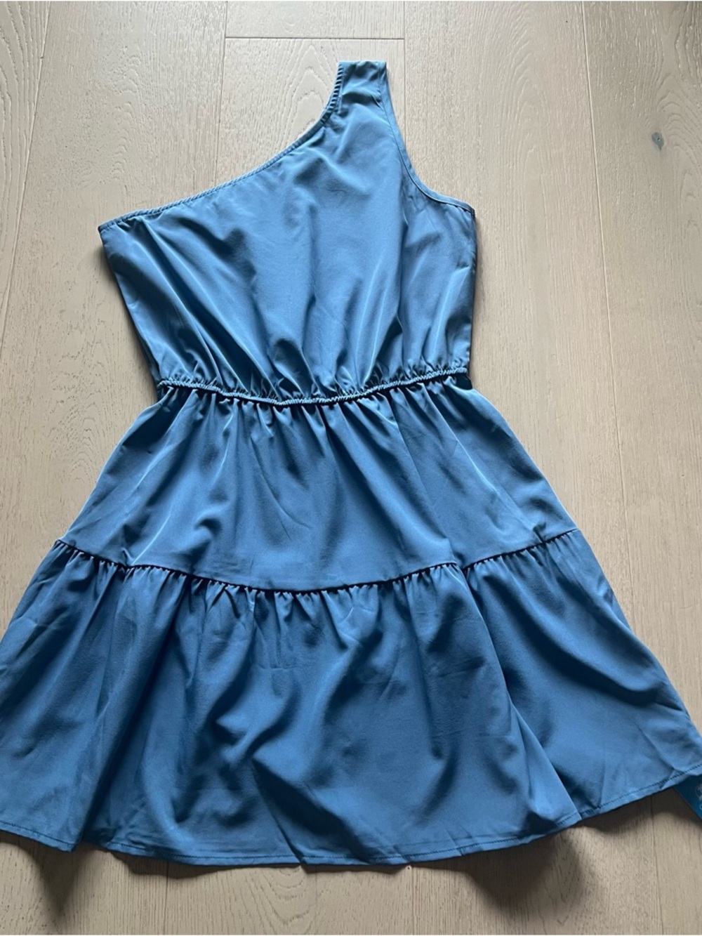 Cupshe Teal One-Shoulder Tiered Mini Dress